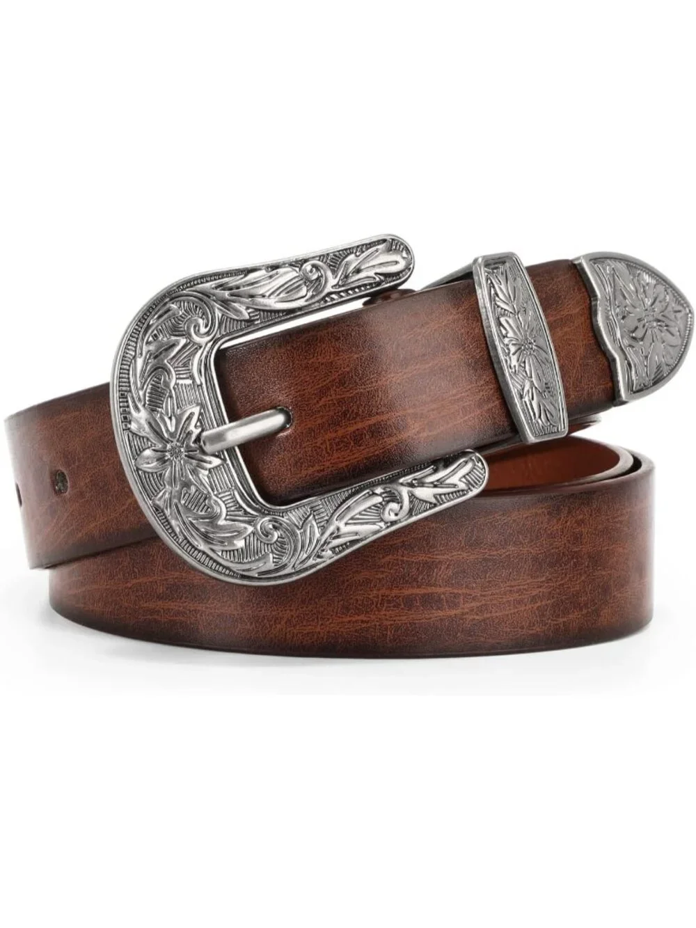 Women's I-dark Coffee Leather Waist Belt Vintage Western Design Silver Buckle